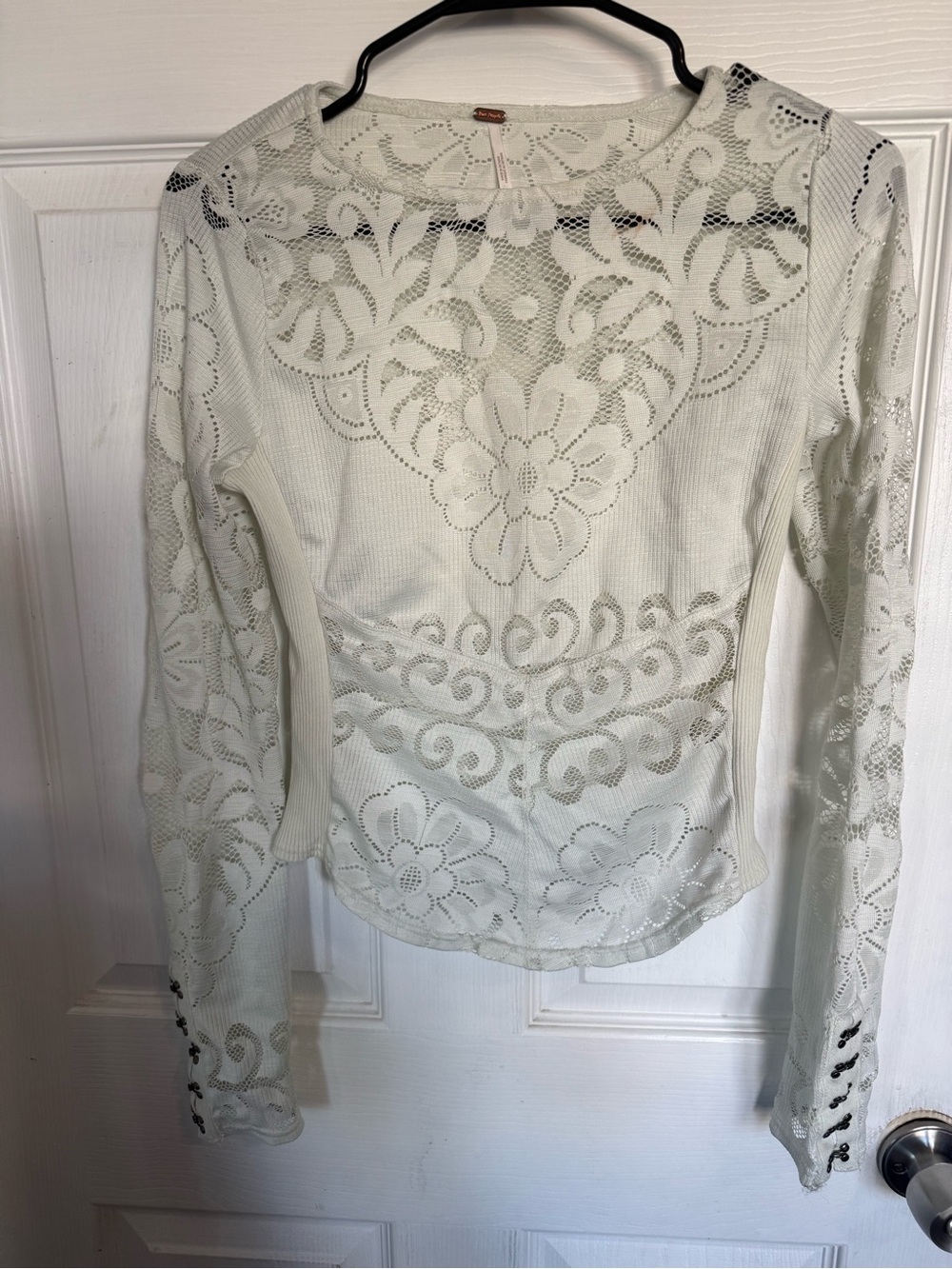 Free People White Long-Sleeve Lace-Knit Floral Top